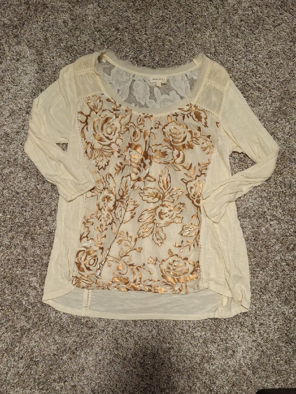 Meadow Rue Cream Long Sleeve Top with Gold Floral Foil